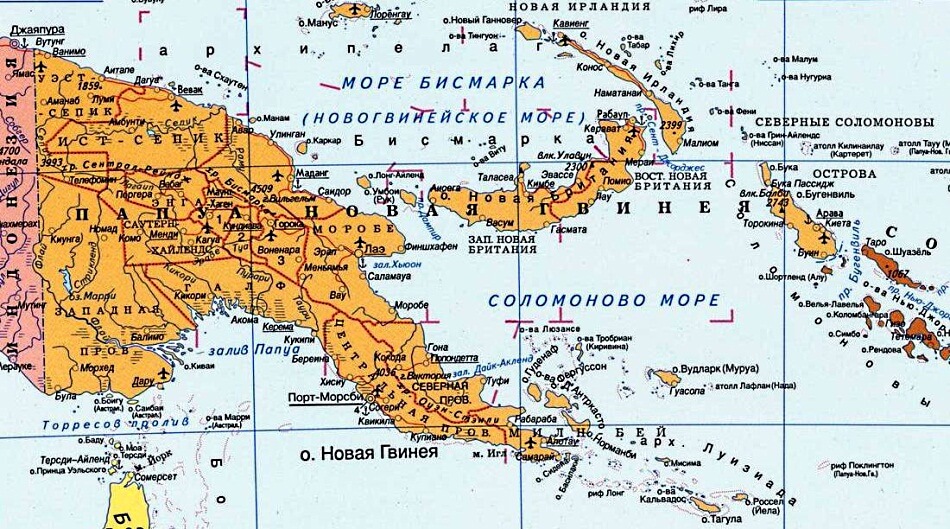 Карта Папуа-Новой Гвинеи на русском языке с городами