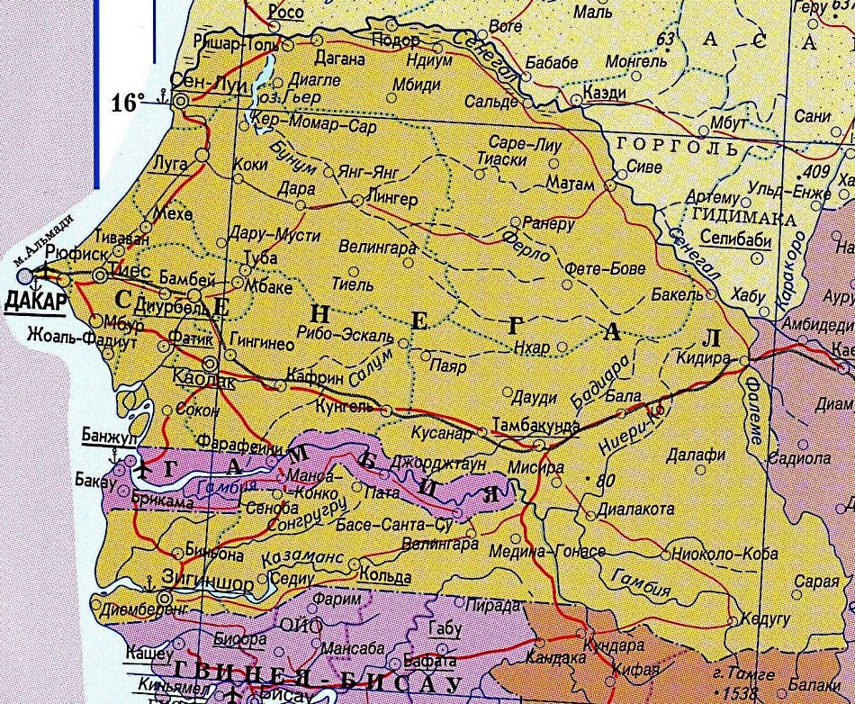 Карта Сенегала на русском языке с городами и дорогами
