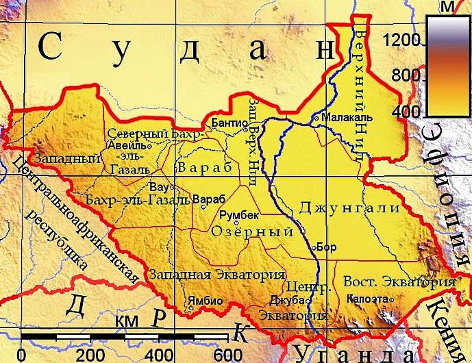 Карта Южного Судана на русском языке с городами