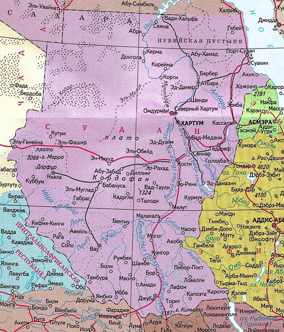 Карта Судана на русском языке с городами и дорогами