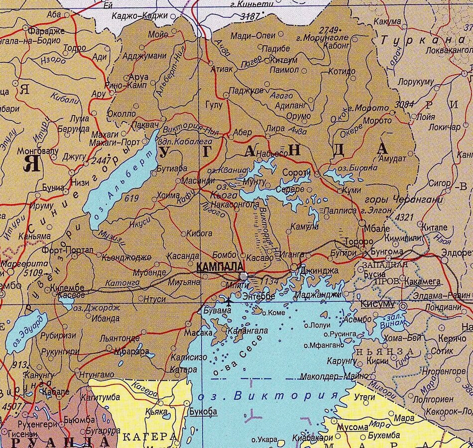 Карта Уганды на русском языке с городами и дорогами