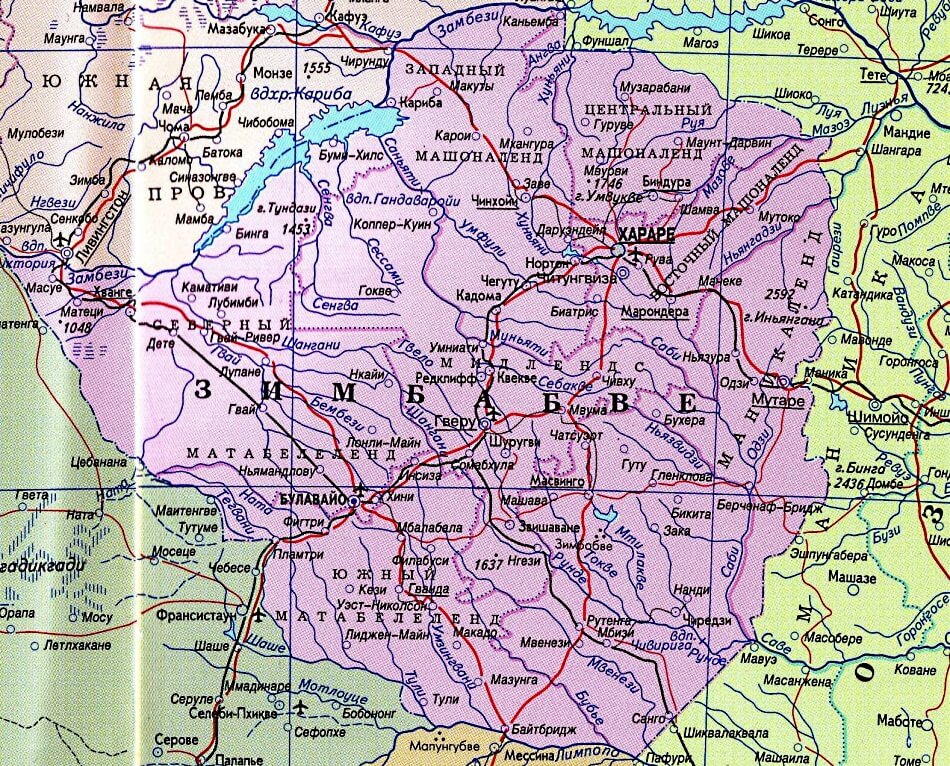 Карта Зимбабве на русском языке с городами и дорогами