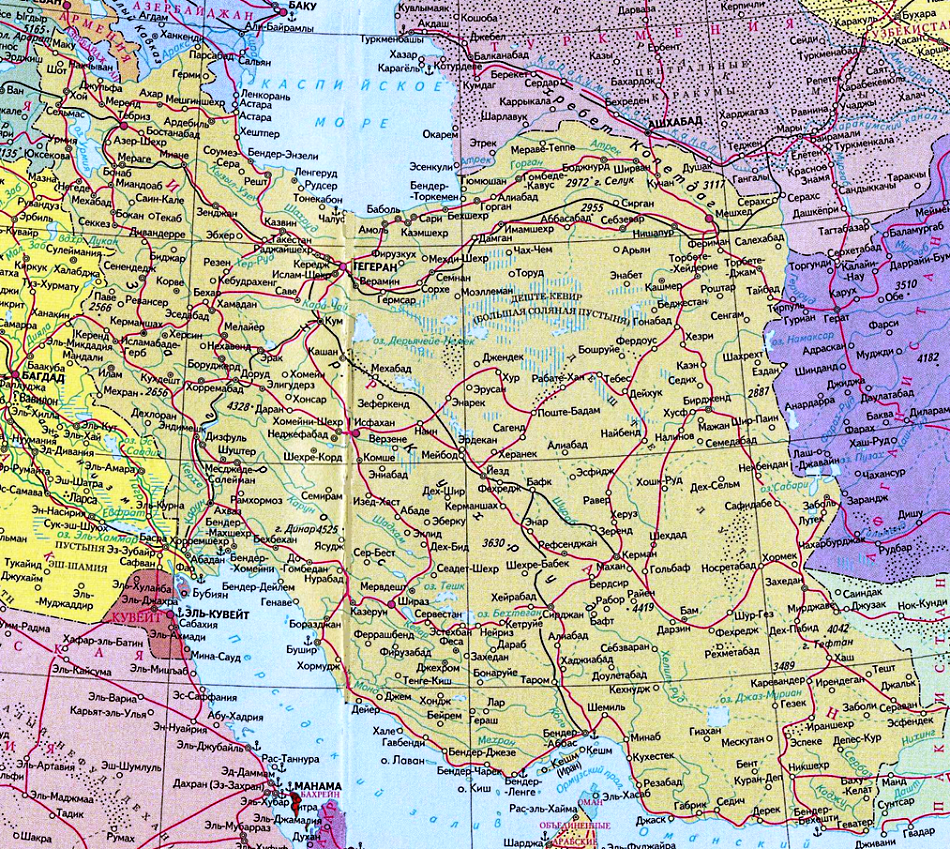 Карта Ирана на русском языке с городами и дорогами