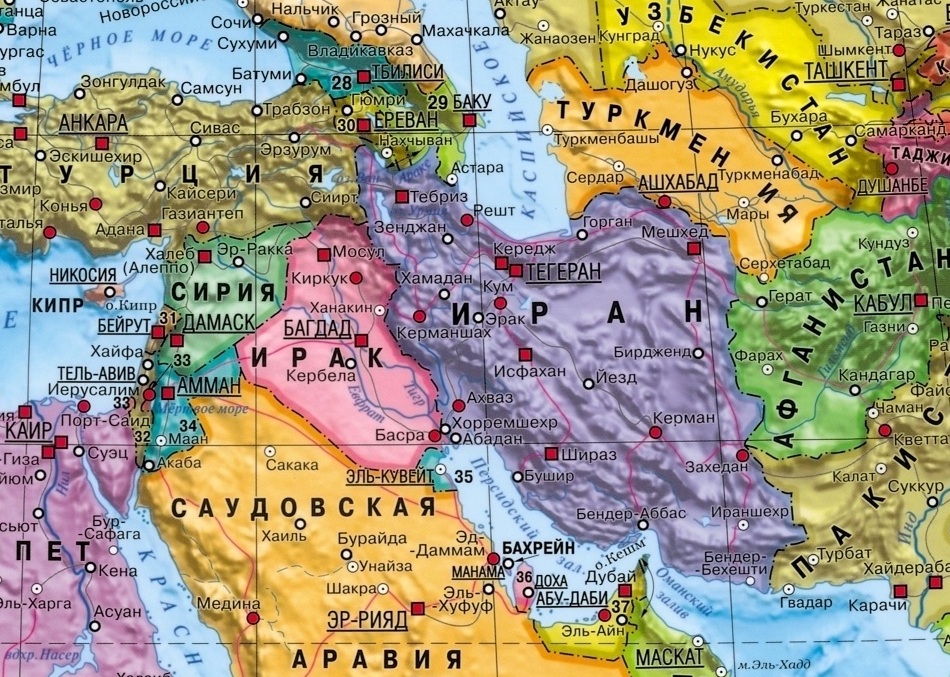 Карта Ирана с соседними странами на русском языке с границами