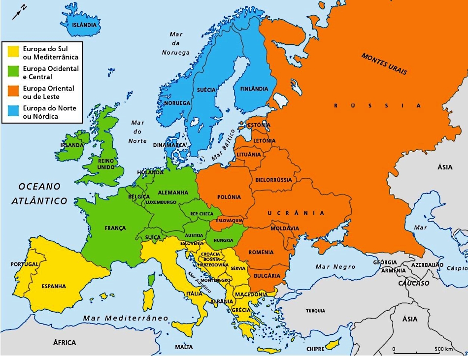 Аймақтар бойынша Еуропа картасы: Батыс Еуропа, Шығыс Еуропа, Оңтүстік Еуропа, Солтүстік Еуропа