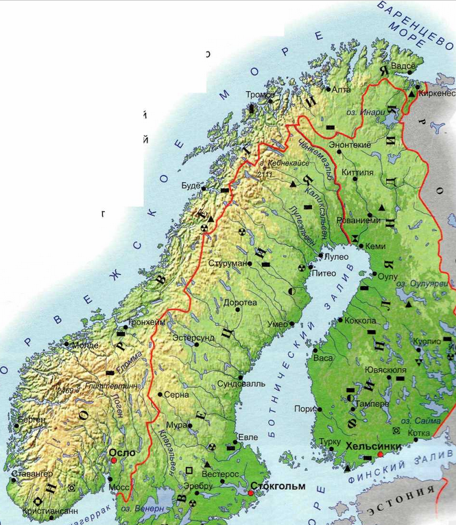 Географическая карта Норвегии с фьордами