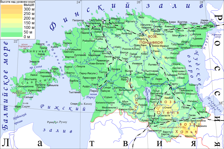Физическая карта Эстонии на русском языке с городами