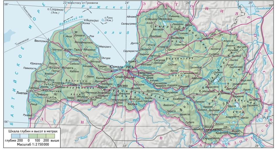 Географическая карта Латвии на русском языке