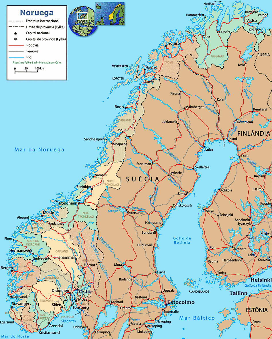 Mapa de Noruega, Suecia y Finlandia