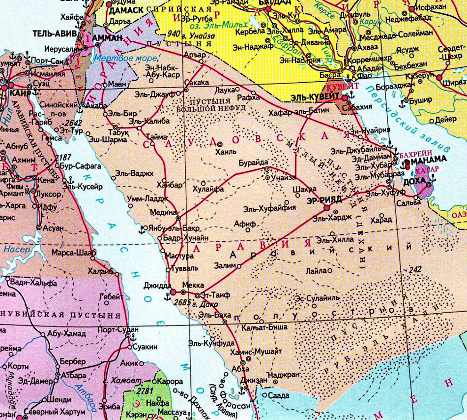 Карта Саудовской Аравии с городами и дорогами на русском языке подробная