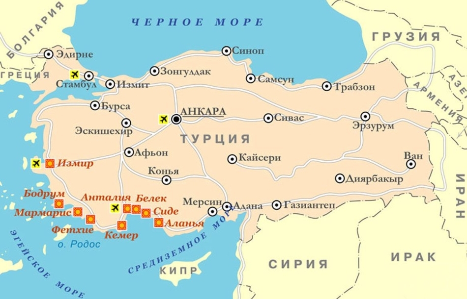 Карта Турции с курортами на русском языке