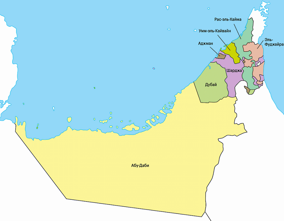 Карта ОАЭ с эмиратами на русском языке
