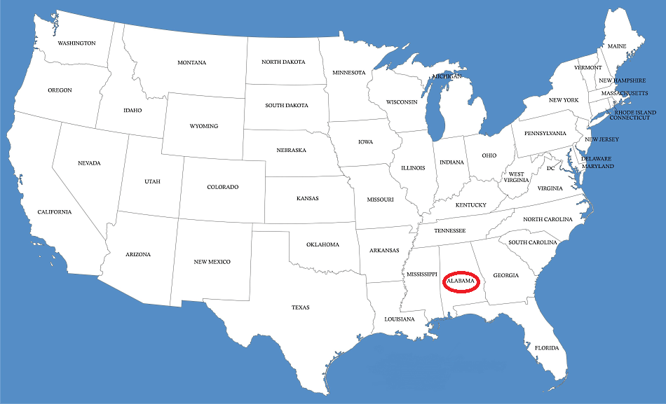 Alabama en el mapa de Estados Unidos