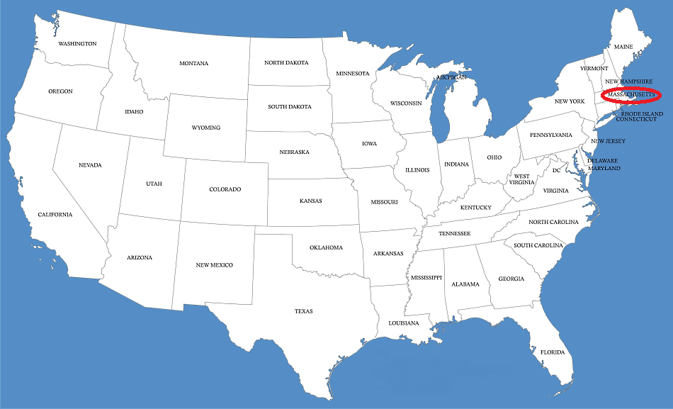 Massachusetts en el mapa de Estados Unidos