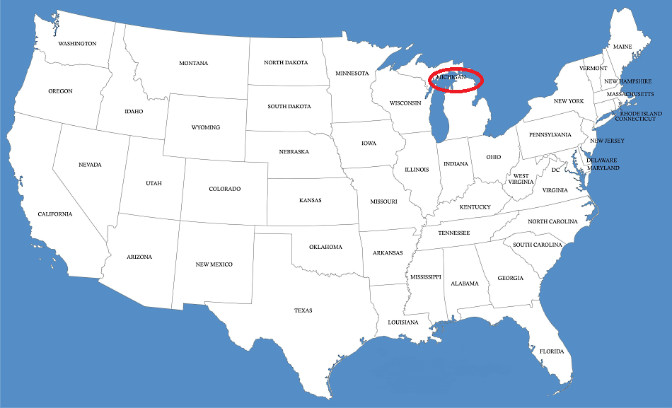 Míchigan en el mapa de Estados Unidos