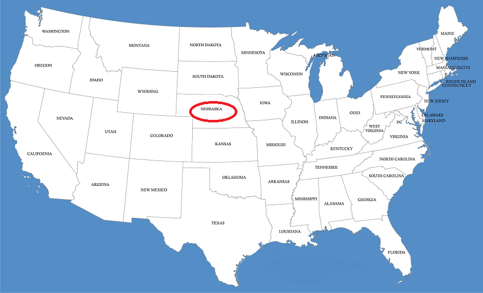 Nebraska en el mapa de Estados Unidos