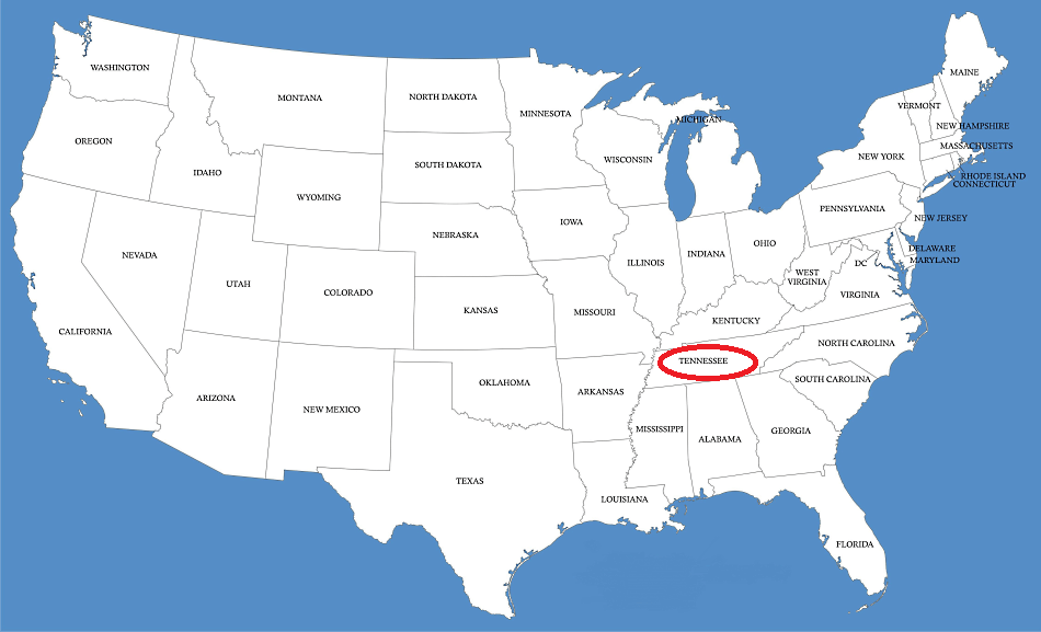 Tennessee en el mapa de Estados Unidos
