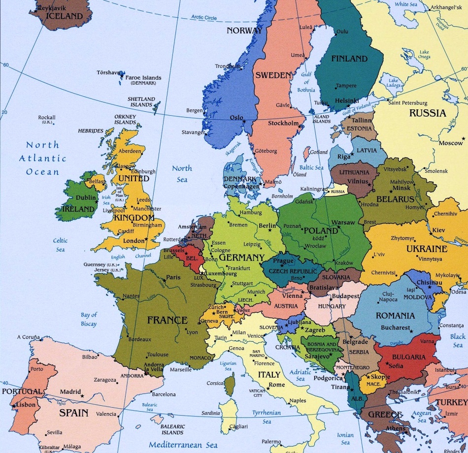 Evropa xaritasi mamlakatlar va poytaxtlar bilan ingliz tilida